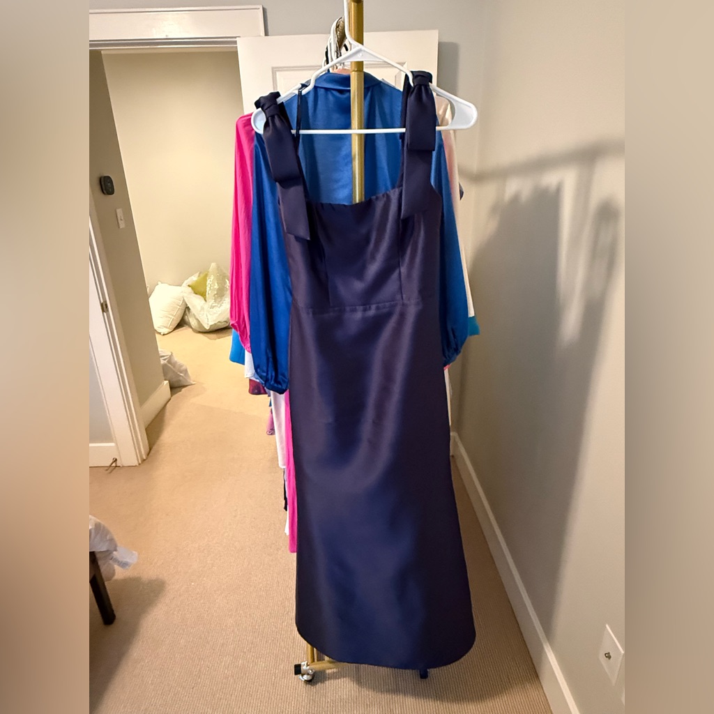 Alfred Sung Navy Blue Satin Tie-Shoulder Midi Dress